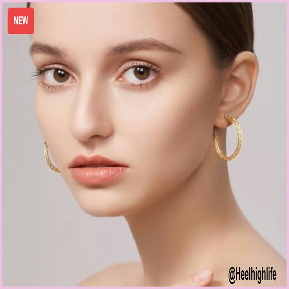 14K Gold Twisted Hoop Earrings 30MM Hypoallergenic Fine Weave Design - Picture 4 of 8